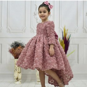 Resim ELLUSSİ Kız Çocuk Gül Kurusu Gül Desenli Kuyruklu Uzun Kol Elbise Abiye 