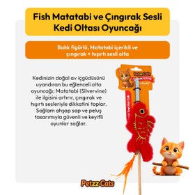 Resim PetzzCats Fish Matatabi ve Çıngırak Sesli Kedi Oltası Oyuncağı Kırmızı 42 Cm 
