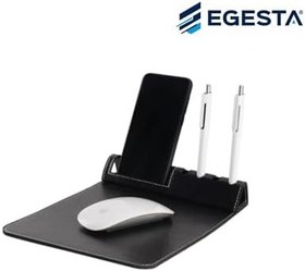 Resim Deri Mouse Pad ve Masaüstü Organizer - Telefon Standlı ve Kalemlik Bölmeli 3'ü 1 Arada Ofis Aksesuarı - Kaymaz Taban Şık Dikişli Suni Deri Mousepad - Siyah 