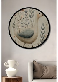 Resim Sevimli Kaz Ve Bohem Çiçekler Sulu Boya Görünüm Ahşap Tablo Yuvarlak Duvar Tablosu Çerçeve Görünüm 7045 - 20 X 20 