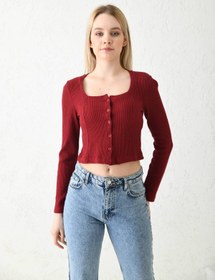 Resim MOVİMENT Bordo Düğme Detaylı Örme Crop Bluz 