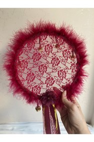 Resim LE FANTASİA 1Adet Tüylü & Dantelli Gelin kına Tefi 24cm Çap - BORDO&GOLD 