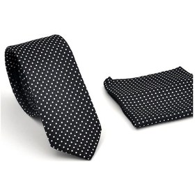 Resim Gaffy Beyaz Noktalı Puantiye Desenli Siyah Dokuma Kumaş Mendilli Slim Fit Kravat // Sdk230913 Siyah 