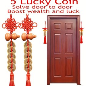 Resim İki Tradisyonel Çin Beş İmparatorluk Madeni Para Şanslı Amuletlere, Metal Feng Shui Amuletlere, Zenginlik ve Refahı Simgeleyen Bir Kavun Şeklinde Tasarlanmış, Giriş Koruma Talismanları, Elektrik Gerektirmez, Tüy Olmayan. 