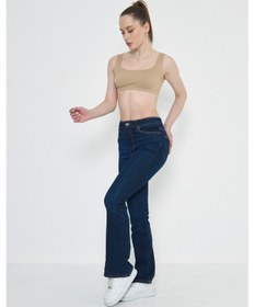 Resim Kutaf Lacivert Dikiş Detaylı Flare Kadın Kot Pantolon Denim 
