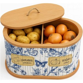 Resim Dekorasyaa 2 Bölmeli Patates Soğanlık - Bambu - Oval Mavi Desen Beyaz - Mavi 