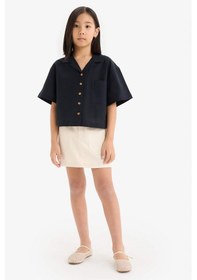 Resim DeFacto Kız Çocuk Cropped Fit Keten Kısa Kollu Gömlek D7638A825SMBK27 