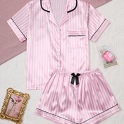 Resim Kadınlar için Şık Çiçekli Çizgili Yaka Baskılı Pijama Takımı - Kısa Kollu Düğmeli Yaka Üst ve Pantolon, Yumuşak Saten Pijamalar, Makinede Yıkanabilir, Dışarıda Giyilebilir 