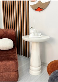 Resim AYLESA Ahşap Tekli Mantar Yan Sehpa Modern 50cm Krem Renk Fiskos Çiçeklik 