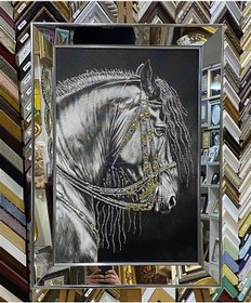 Resim Ayna Çerçeveli Gümüş Sim Işlemeli Kanvas At Tablosu 