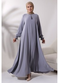Resim Kadın Gri Kolu Lastikli Yarım Fermuarlı Tesettür Ferace Elbise 001 