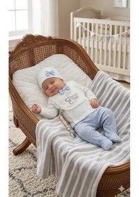 Resim Yağmur Giyim Babyim Prens Desenli Kendinden Eldivenli %100 Pamuk 4 Parça Hastane Çıkışı Seti 902 Mavi 