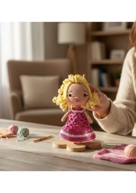 Resim El Yapımı Mini Amigurumi Bebek %100 Pamuk Çocuklar İçin Şirin Oyuncak Sarı - Pembe 