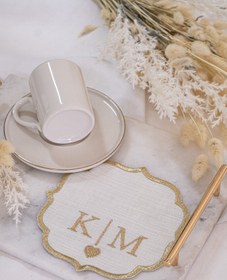 Resim Kişiye Özel Gold Nakış İşlemeli ve Harfli Keten Söz Mendili 