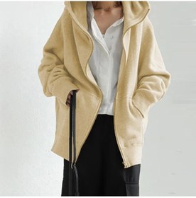 Resim Sonbahar Kış Sweatshirt Elbise Fermuar Kadın Sweatshirt Gevşek Düz Renk Sokak Cep Fermuar Büyük Beden Üstler S-5xl Bej 