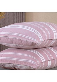 Resim Pamuklu İpliği Boyalı Yıkamalı Kapaklı Yastık Kılıfı 2 Li Set 50x70 Cm Çift İğne Detaylı Pembe - Beyaz 