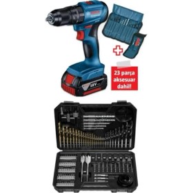Resim Bosch Professional GSB 185-Li 2.0 Ah Tek Akülü Kömürsüz Motor Darbeli Matkap + 23 Parça Aksesuar Set - 06019K3102 + Bosch V-Line Matkap & Vidalama Karışık Aksesuar Seti 103 Parça - 2607017367 