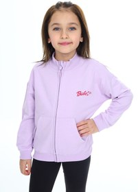 Resim Toontoy Kız Çocuk Lila Dik Yaka Fermuarlı Düşük Omuz Cepli Nakış Baskılı Örme Hırka - 2 İplik Şardon 