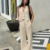 Resim Kadınlar İçin Yazlık Tek Renk Beyaz Kolsuz Yelek ve Pantolon İki Parça Günlük Takım 