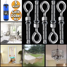 Resim Kancalı Çelik Dübel Salıncak Tavan Boks Torbası Avize Asma Aparatı Asacağı M6 Kapalı Ağız Kanca 5 Ad 