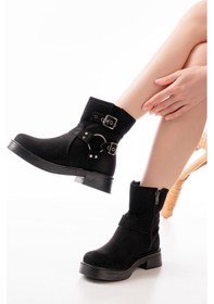 Resim 02-2013 Siyah Süet Toka Aksesuarlı Fermuarlı Günlük Kadın Bot Beyaz 