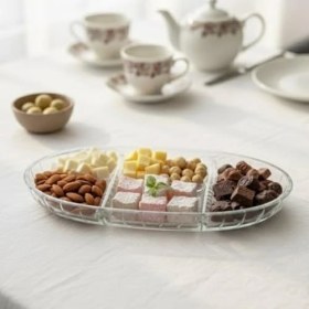 Resim Şık Tasarımlı 3 Bölmeli Cam Kahvaltılık – 27X15 cm Dayanıklı Servis Tabağı, Çok Bölmeli Sunum Kabı, Çizgili Desen Modern Cam Meze ve Atıştırmalık Tabağı 