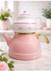 Resim Gold Detaylı Üstü Porselen Altı Emaye İkili Demlik Takımı Pembe 