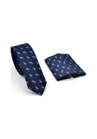 Resim Gaffy Mavi Şal Desenli Lacivert Dokuma Kumaş Mendilli Slim Fit Kravat // Sdk-240808 Desenli 