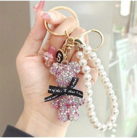Resim Honeybeeshop Pembe Yıldız Taşlı Ayı Şekilli Anahtarlık Kristal İnci Zincirli Araba Çantası Aksesuarı 