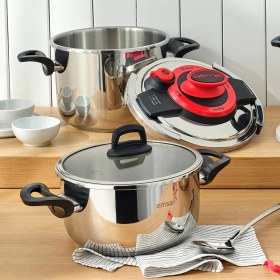 Resim Emsan Montana İndüksiyon Tabanlı Düdüklü Tencere Seti Siyah Kırmızı 4+6 Litre 