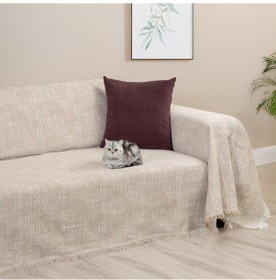 Resim Purecot Premium Pamuklu Püsküllü Koltuk Örtüsü 180x220 Çift Taraflı Terletmez Kaymaz , Bej Bej 