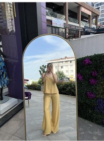 Resim Yırtmaçlı Keten Pantolon - Hardal Sarısı-118 Sarı 