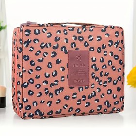 Resim Şık Leopar Desenli Seyahat Kozmetik Çantası - Kadınlar İçin Geniş Taşınabilir Makyaj Organizatörü, Kokusuz Polyester, Tuvalet Malzemeleri ve Temel Ürünler İçin Mükemmel, Makyaj Seyahat Çantası 