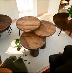 Resim Simillo Home&Living Wood Wooden Ahşap 3’lü Set Fitilli Mantar Yan Sehpa Modern Ceviz Renk Fiskos 