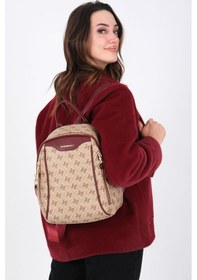Resim Silver Polo Koyu Bej - Bordo Monogram Kadın Sırt Çantası Sp906 