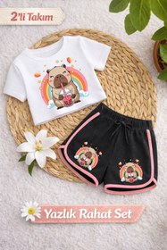 Resim Capybara 2 Baskılı Beyaz Crop Siyah Şort Takım 