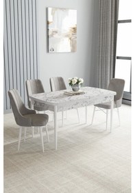Resim Zümra Serisi, Beyaz Mermer Desen 80x132 Açılabilir Mdf Mutfak Masası Takımı 4 Adet Sandalye, Gri 