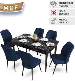 Resim Canisa Mun Serisi, 80x132 Açılabilir Mdf Siyah Mermer Desen Yemek Masası Takımı, 6 Lacivert Sandalye 