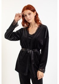 Resim Pemilo Kadın 13402-1 Dantelli Sabahlık Kadife Pijama Takım SİYAH-Siyah 