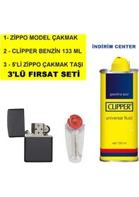 Resim İthal Siyah Çakmak+ Clipper Benzin 133 Ml + 5 Li Çakmak Taşı Set 