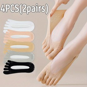 Resim 4 adet Kadın Beş Parmak Çorabı - Nefes Alabilen, Teri Emici Yaz Ankle Çorapları, Kabartmalı Manşetleri, Rahat ve Resmi Giyim için Şeffaf Tasarım, Düz Renkler (Bej, Beyaz, Açık Gri, Siyah), Sevimli Çoraplar, Görünmez Çoraplar, Moda Çoraplar, Şık Çoraplar 