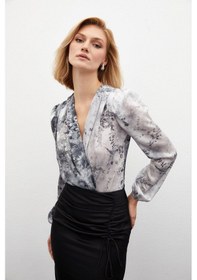 Resim Sateen Çiçek Desenli Bodysuit Bluz - Gri Gri 