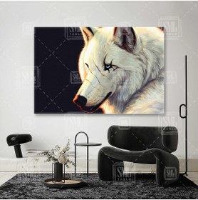 Resim SML TABLO Mavi Gözlü Asi Beyaz Kurt White Wolf Hayvan Dekor Yatay Kanvas Tablo 
