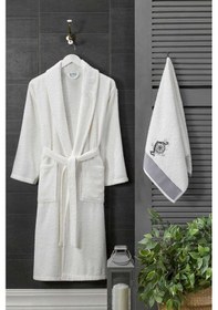 Resim 4 Parça Aile Bornoz Seti Kadın Erkek Havlulu Bornoz Takımı Beyaz Set Renkli 