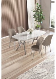 Resim Canisa Lena Serisi 90x160 Beyaz Mermer Desen Krom Kaplama Ayaklı Masa Takımı Ve 4 Cappucino Sandalye Beyaz Mermer Desen Masa,cappucino Sandalye 