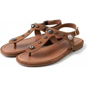 Resim Ne&ve Shoes Taba Süet Hakiki Deri Taş Ve Trok Detaylı Parmak Arası Arkadan Tokalı Sandalet 