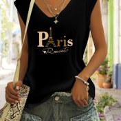 Resim Paris Aşk Desenli V Yaka T-Shirt, Rahat Örgü Polyester Tişört, Sevimli Alfabe Deseni, Tüm Mevsimler İçin Üst, 200g/m² Kumaş Ağırlığı, Düzenli Uzunluk - Siyah 