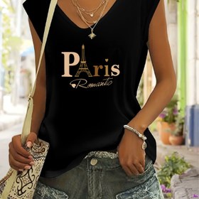 Resim Paris Aşk Desenli V Yaka T-Shirt, Rahat Örgü Polyester Tişört, Sevimli Alfabe Deseni, Tüm Mevsimler İçin Üst, 200g/m² Kumaş Ağırlığı, Düzenli Uzunluk - Siyah 