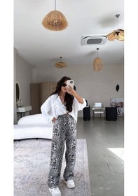 Resim Defymoda Kadın Saten Kumaş Leopar Desenli Pantolon Beyaz 