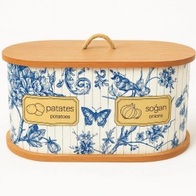 Resim Dekorasyaa 2 Bölmeli Patates Soğanlık - Bambu - Oval Mavi Desen Beyaz - Mavi 